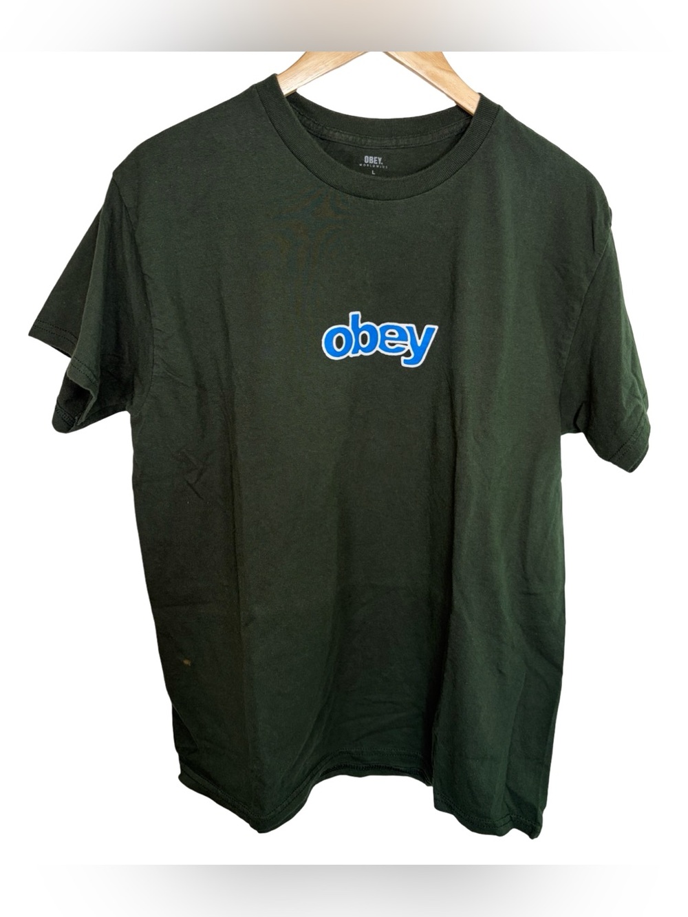 Obey mens dark green blue logo retro looking short sleeve t shirt large